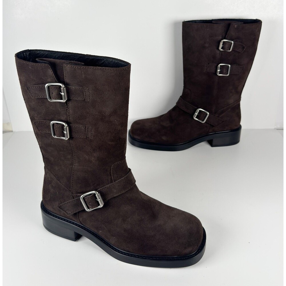 NEW! Massimo Dutti Brown Suede Mid Calf Buckle Moto Biker Boots EU 42 US 12